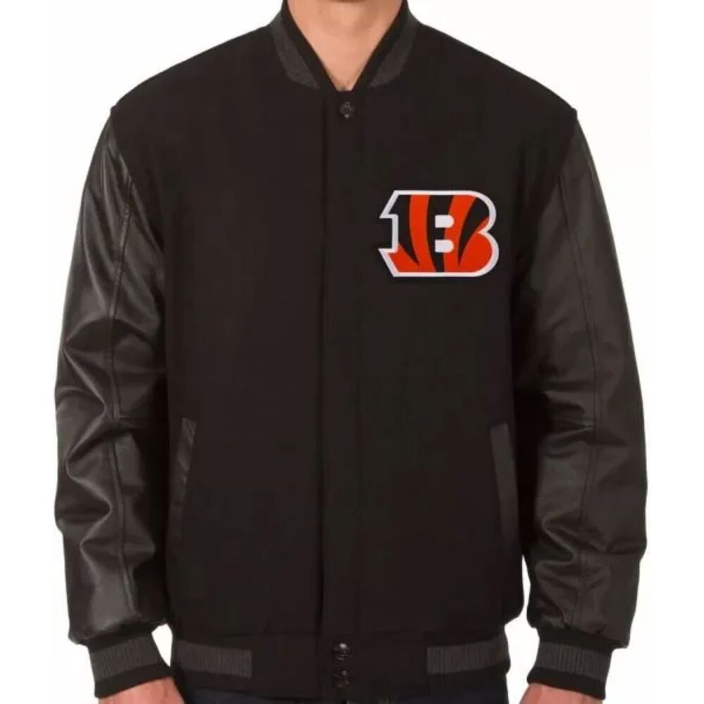 Cincinnati Bengals NFL Large Black Leather Sleeve Varsity Jacket Big Logo Retro